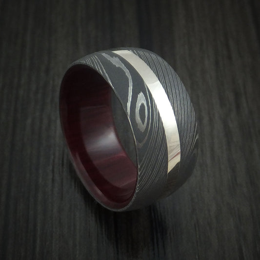 Knight XI - Damascus Steel and 14k White Gold Men's Wedding Ring with Red Heart Hardwood Sleeve Band - Nura Lab