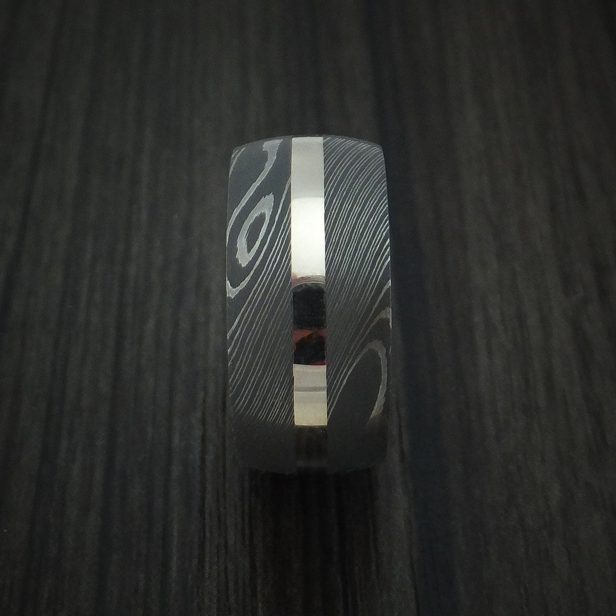 Knight XI - Damascus Steel and 14k White Gold Men's Wedding Ring with Red Heart Hardwood Sleeve Band - view 3 - Nura Lab