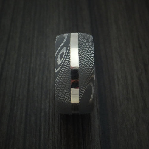 Knight XI - Damascus Steel and 14k White Gold Men's Wedding Ring with Red Heart Hardwood Sleeve Band - view 3 - Nura Lab
