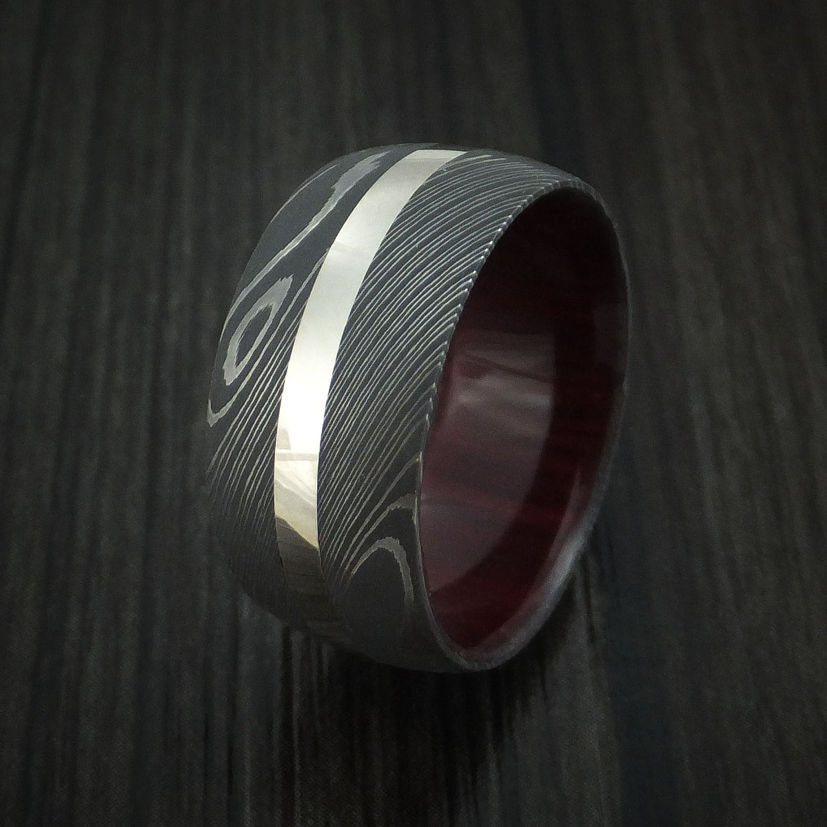 Knight XI - Damascus Steel and 14k White Gold Men's Wedding Ring with Red Heart Hardwood Sleeve Band - view 4 - Nura Lab