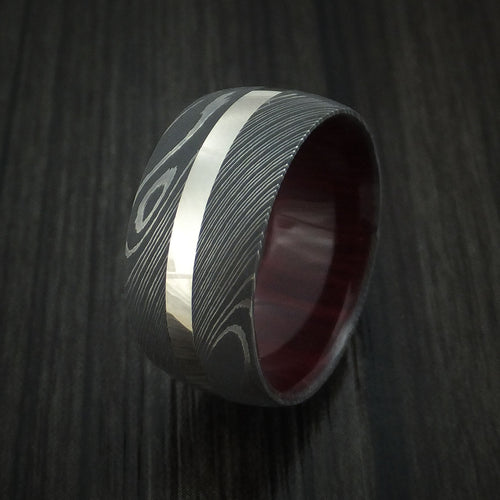 Knight XI - Damascus Steel and 14k White Gold Men's Wedding Ring with Red Heart Hardwood Sleeve Band - view 4 - Nura Lab