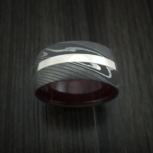 Knight XI - Damascus Steel and 14k White Gold Men's Wedding Ring with Red Heart Hardwood Sleeve Band - view 2 - Nura Lab