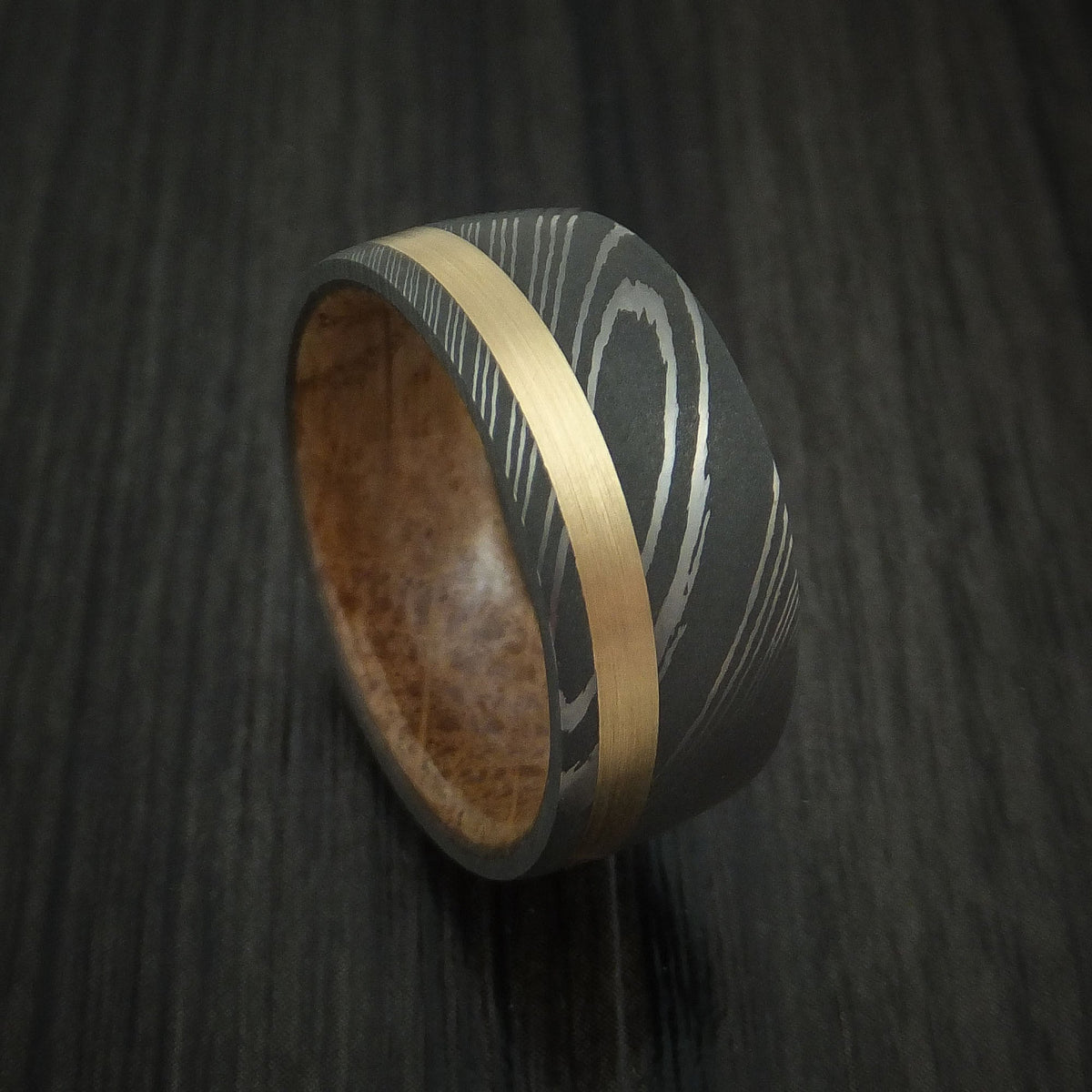 Citadel X - Damascus Steel Men's Wedding Ring with 14k Yellow Gold and Whiskey Barrel Wood Sleeve - Nura Lab