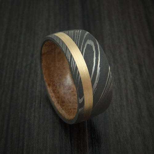 Citadel X - Damascus Steel Men's Wedding Ring with 14k Yellow Gold and Whiskey Barrel Wood Sleeve - Nura Lab