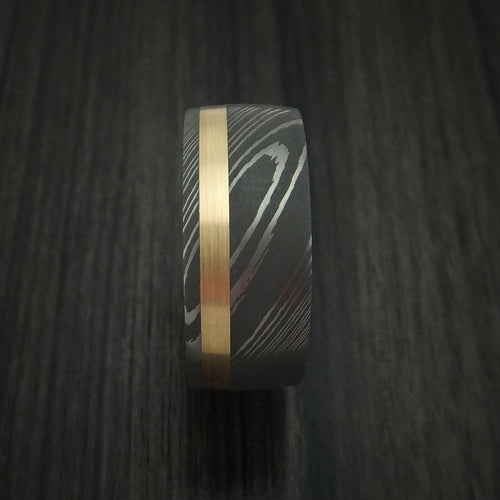 Citadel X - Damascus Steel Men's Wedding Ring with 14k Yellow Gold and Whiskey Barrel Wood Sleeve - view 3 - Nura Lab