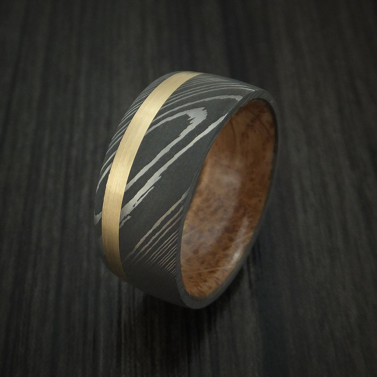 Citadel X - Damascus Steel Men's Wedding Ring with 14k Yellow Gold and Whiskey Barrel Wood Sleeve - view 4 - Nura Lab