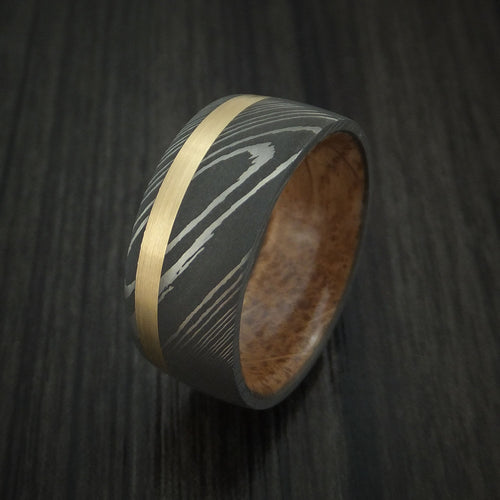 Citadel X - Damascus Steel Men's Wedding Ring with 14k Yellow Gold and Whiskey Barrel Wood Sleeve - view 4 - Nura Lab