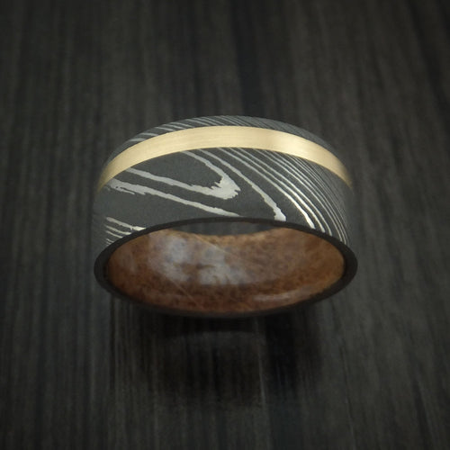 Citadel X - Damascus Steel Men's Wedding Ring with 14k Yellow Gold and Whiskey Barrel Wood Sleeve - view 2 - Nura Lab
