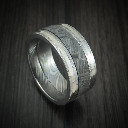 Valor XI - Damascus Steel Men's Wedding Ring with Meteorite and Gold Band - Nura Lab