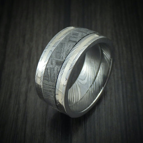 Valor XI - Damascus Steel Men's Wedding Ring with Meteorite and Gold Band - view 4 - Nura Lab