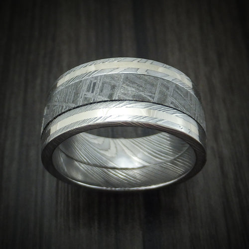 Valor XI - Damascus Steel Men's Wedding Ring with Meteorite and Gold Band - view 2 - Nura Lab