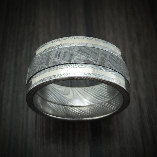 Valor XI - Damascus Steel Men's Wedding Ring with Meteorite and Gold Band - view 2 - Nura Lab