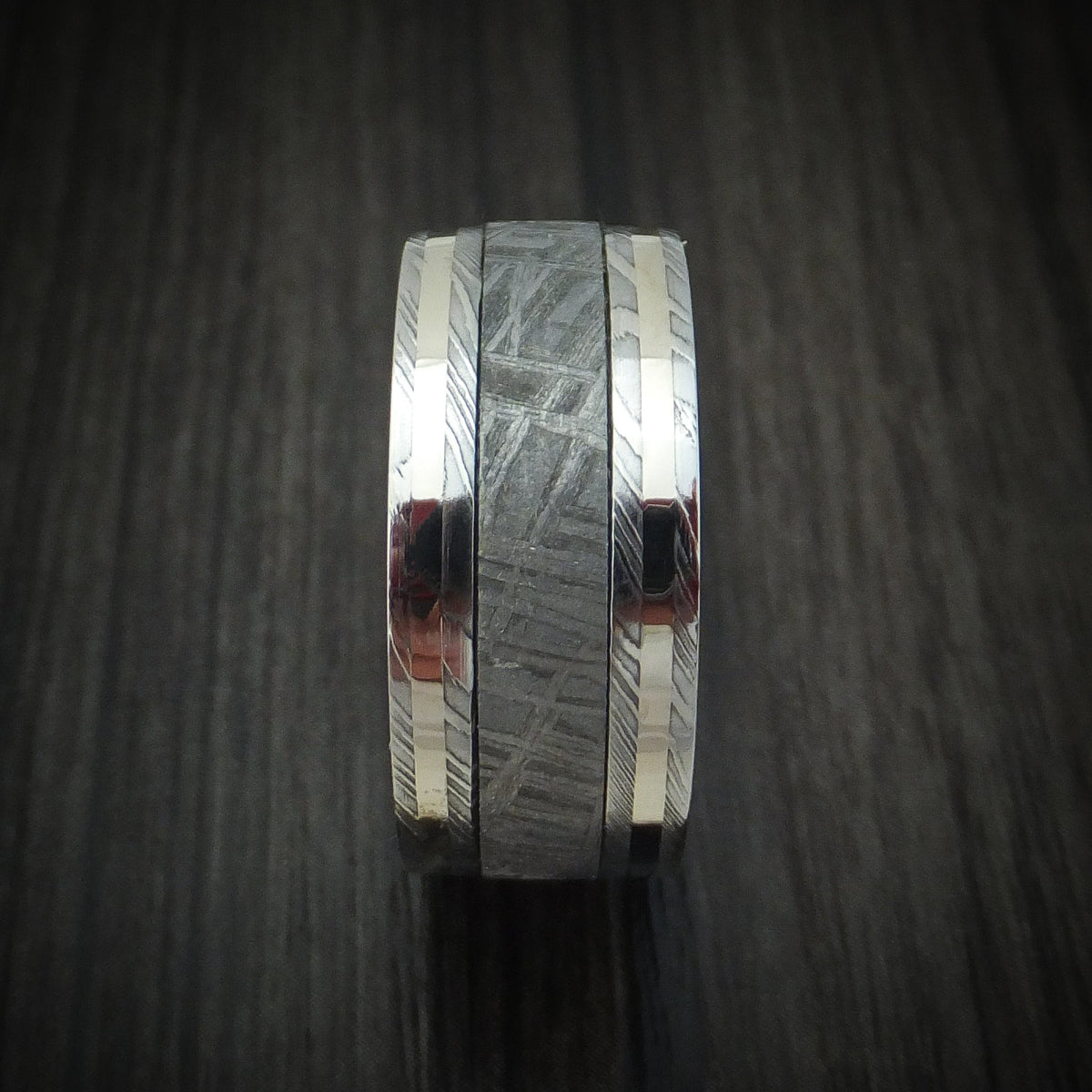 Valor XI - Damascus Steel Men's Wedding Ring with Meteorite and Gold Band - view 3 - Nura Lab