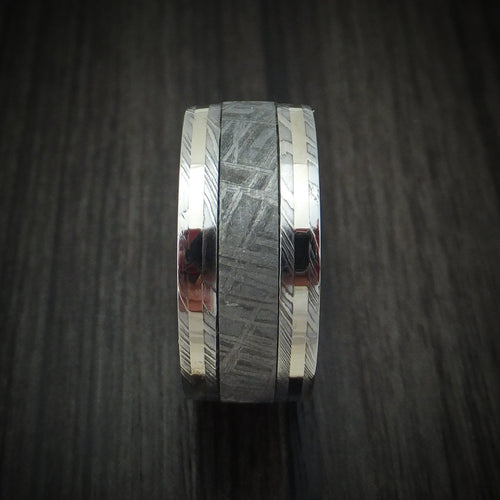 Valor XI - Damascus Steel Men's Wedding Ring with Meteorite and Gold Band - view 3 - Nura Lab