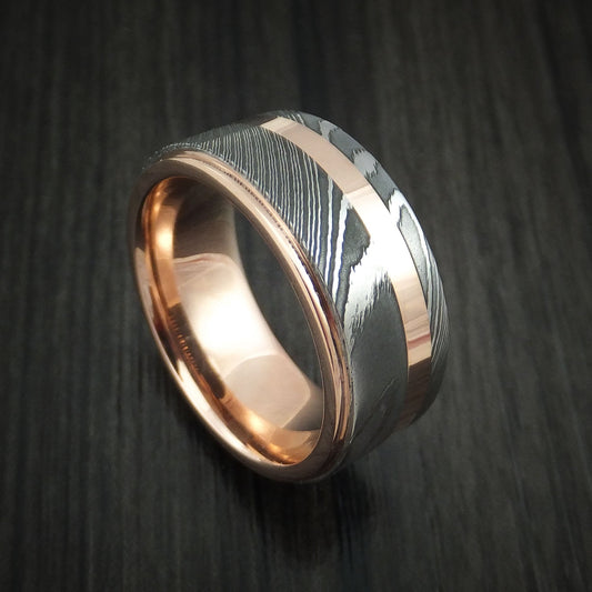 Bastion X - Damascus Steel 14K Rose Gold Men's Ring Wedding Ring with Gold Inlay - Nura Lab