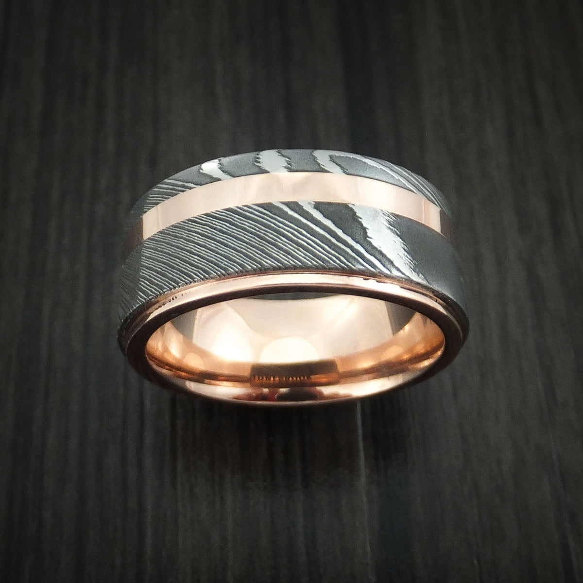 Bastion X - Damascus Steel 14K Rose Gold Men's Ring Wedding Ring with Gold Inlay - view 2 - Nura Lab