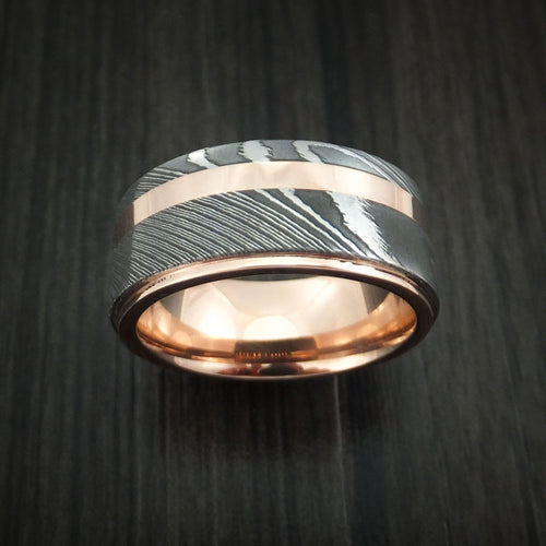 Bastion X - Damascus Steel 14K Rose Gold Men's Ring Wedding Ring with Gold Inlay - view 2 - Nura Lab