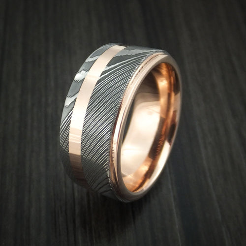 Bastion X - Damascus Steel 14K Rose Gold Men's Ring Wedding Ring with Gold Inlay - view 4 - Nura Lab