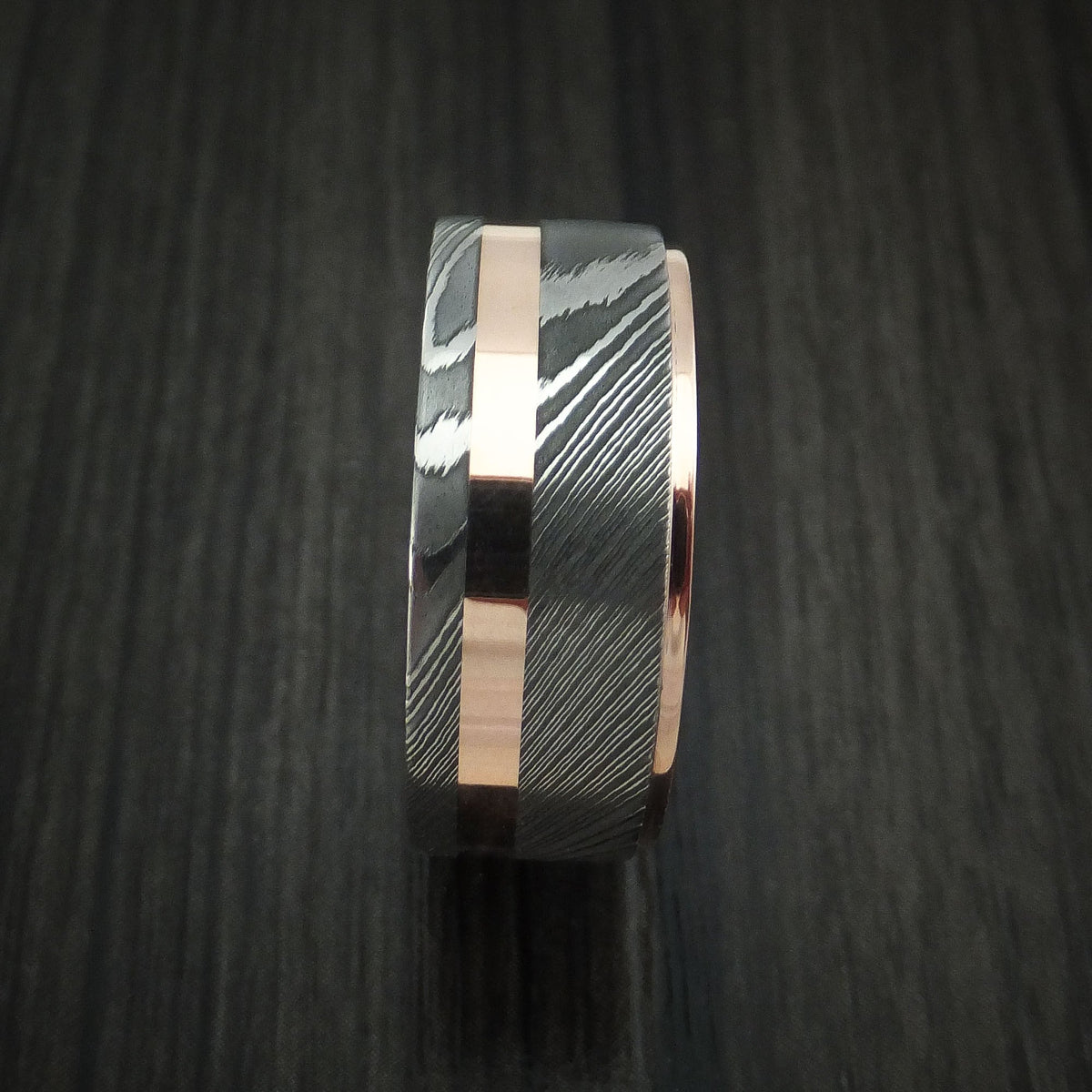 Bastion X - Damascus Steel 14K Rose Gold Men's Ring Wedding Ring with Gold Inlay - view 3 - Nura Lab