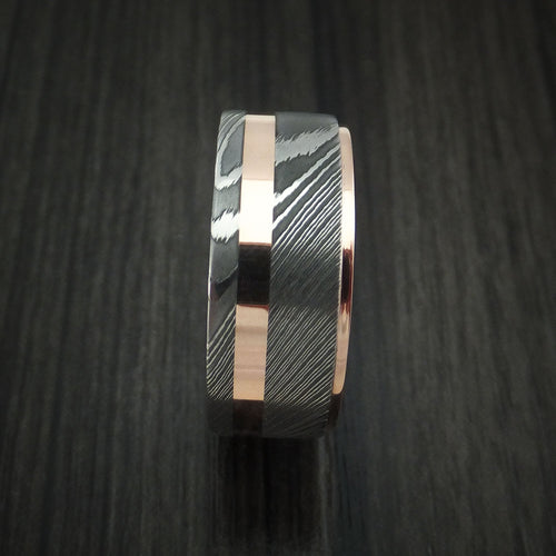 Bastion X - Damascus Steel 14K Rose Gold Men's Ring Wedding Ring with Gold Inlay - view 3 - Nura Lab