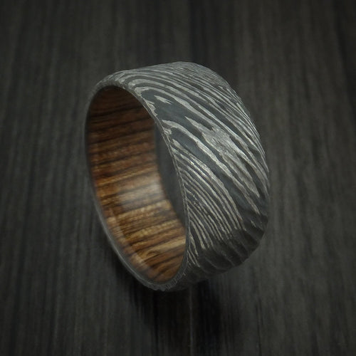 Fortress X - Damascus Steel Tree Bark Carved Men's Wedding Ring with Walnut Hardwood Band - Nura Lab