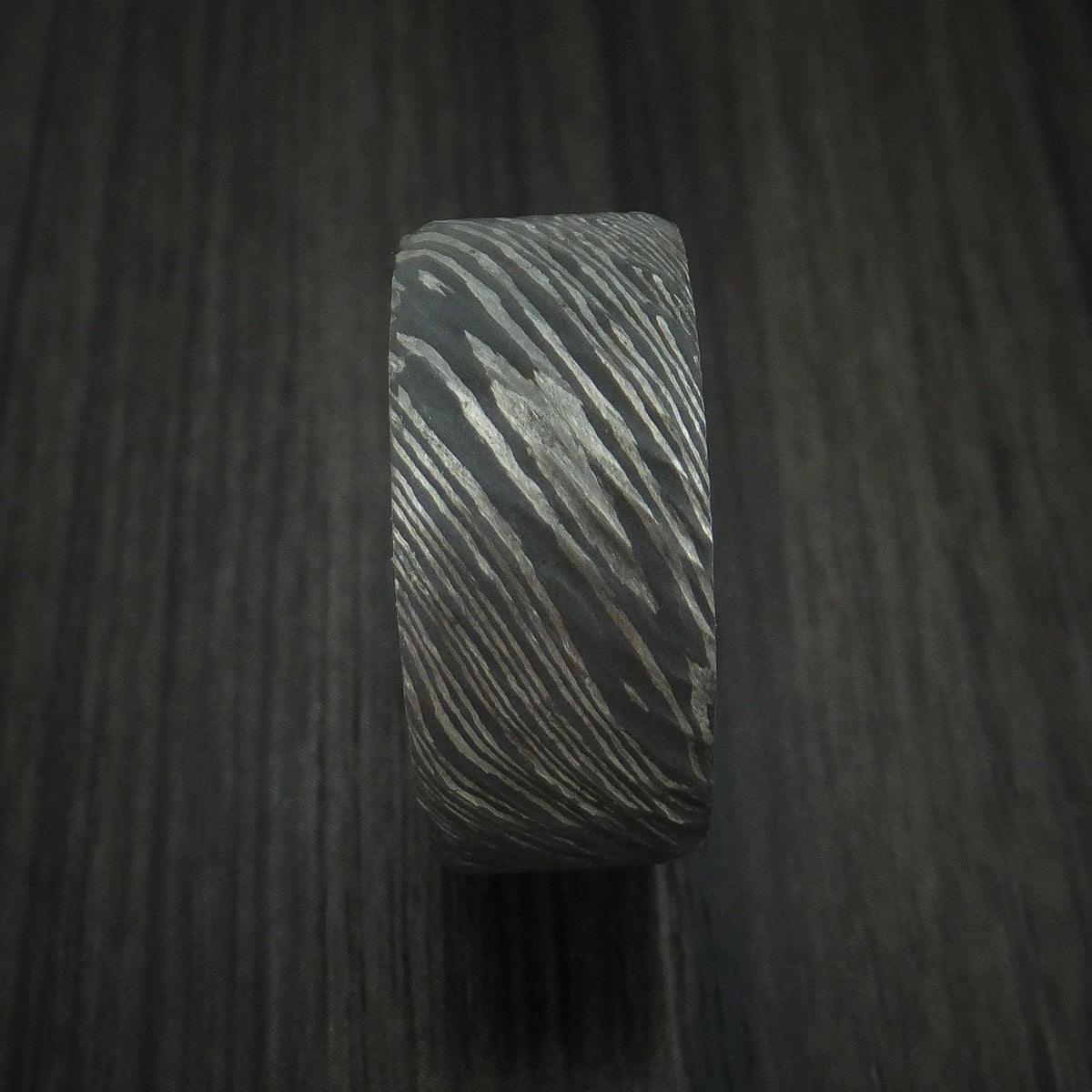 Fortress X - Damascus Steel Tree Bark Carved Men's Wedding Ring with Walnut Hardwood Band - view 3 - Nura Lab