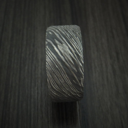 Fortress X - Damascus Steel Tree Bark Carved Men's Wedding Ring with Walnut Hardwood Band - view 3 - Nura Lab