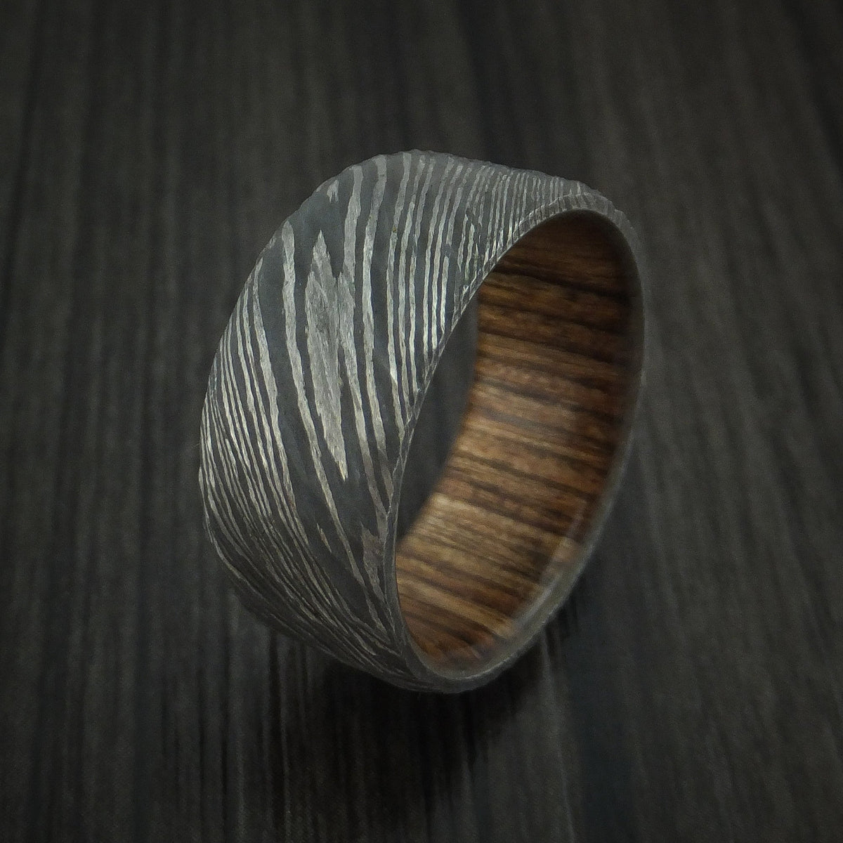 Fortress X - Damascus Steel Tree Bark Carved Men's Wedding Ring with Walnut Hardwood Band - view 4 - Nura Lab