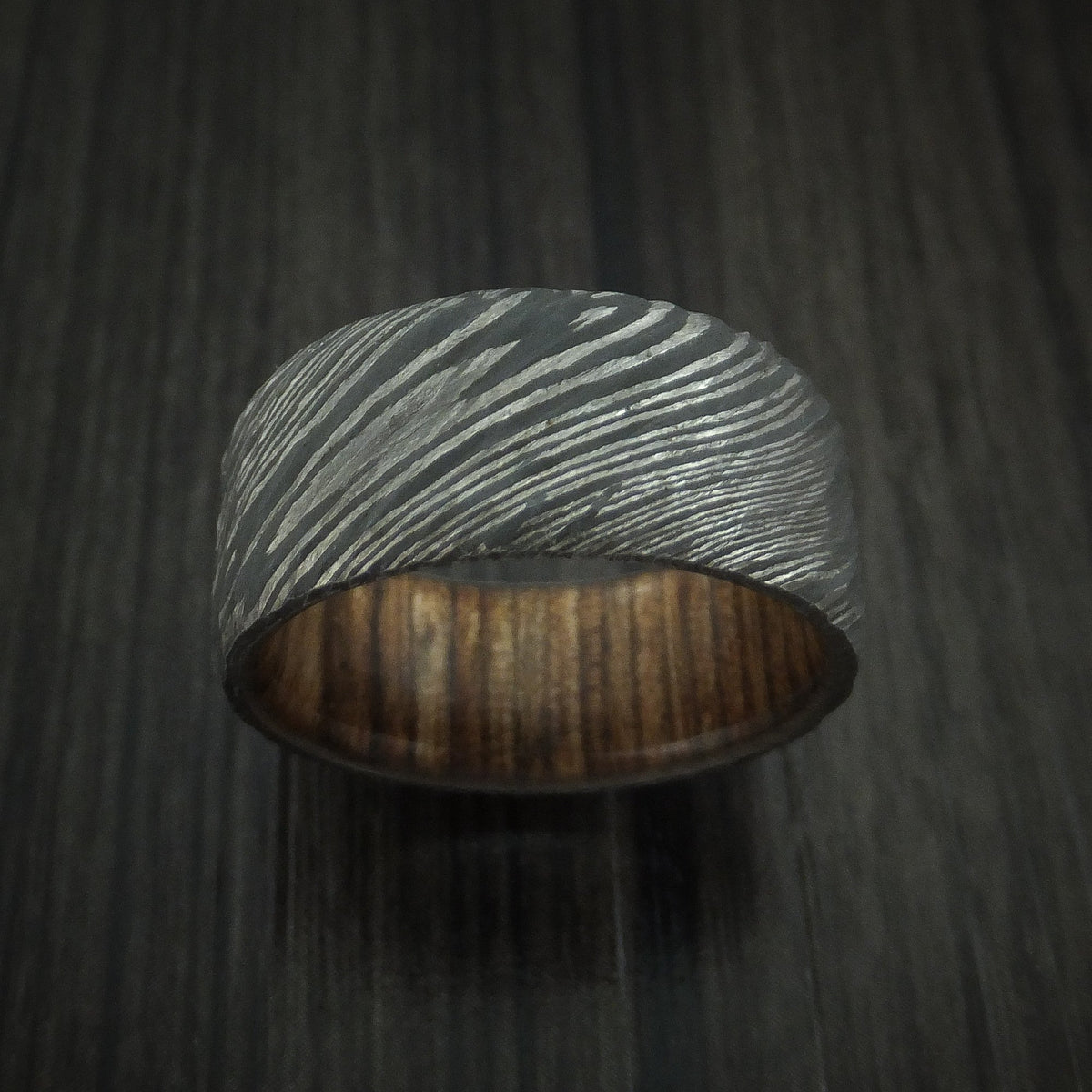 Fortress X - Damascus Steel Tree Bark Carved Men's Wedding Ring with Walnut Hardwood Band - view 2 - Nura Lab