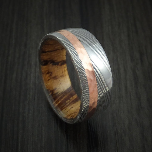 Stronghold IX - Damascus Steel Men's Wedding Ring with Hammered 14k Rose Gold and Zebrawood Wood Sleeve - Nura Lab