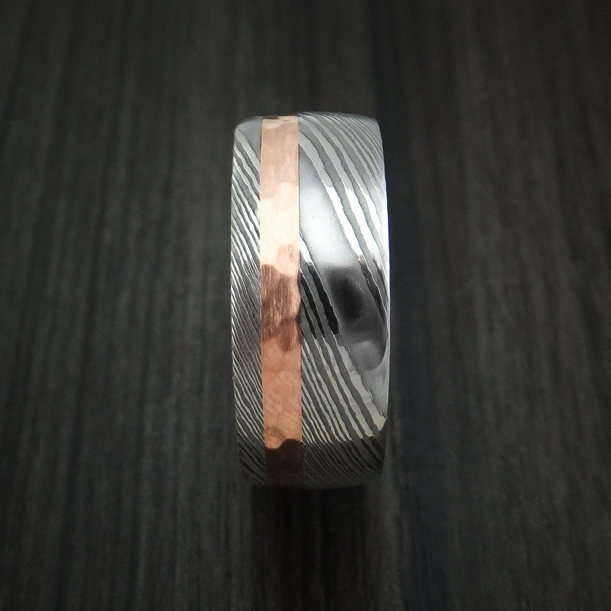 Stronghold IX - Damascus Steel Men's Wedding Ring with Hammered 14k Rose Gold and Zebrawood Wood Sleeve - view 3 - Nura Lab