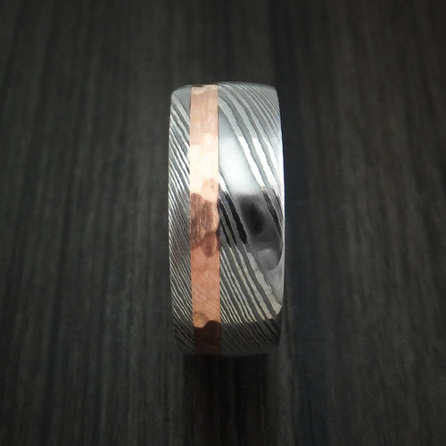 Stronghold IX - Damascus Steel Men's Wedding Ring with Hammered 14k Rose Gold and Zebrawood Wood Sleeve - view 3 - Nura Lab