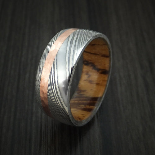 Stronghold IX - Damascus Steel Men's Wedding Ring with Hammered 14k Rose Gold and Zebrawood Wood Sleeve - view 4 - Nura Lab