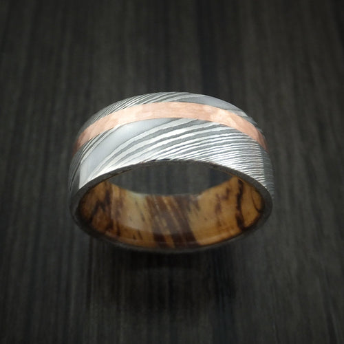 Stronghold IX - Damascus Steel Men's Wedding Ring with Hammered 14k Rose Gold and Zebrawood Wood Sleeve - view 2 - Nura Lab