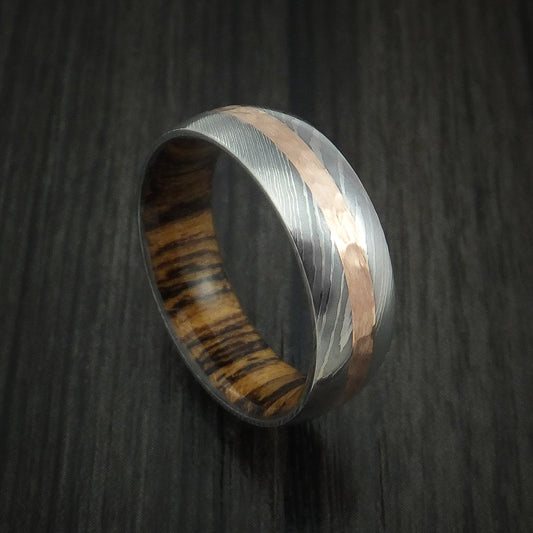 Baron XI - Damascus Steel Men's Wedding Ring with Hammered 14k Rose Gold and Bocote Wood Sleeve - Nura Lab