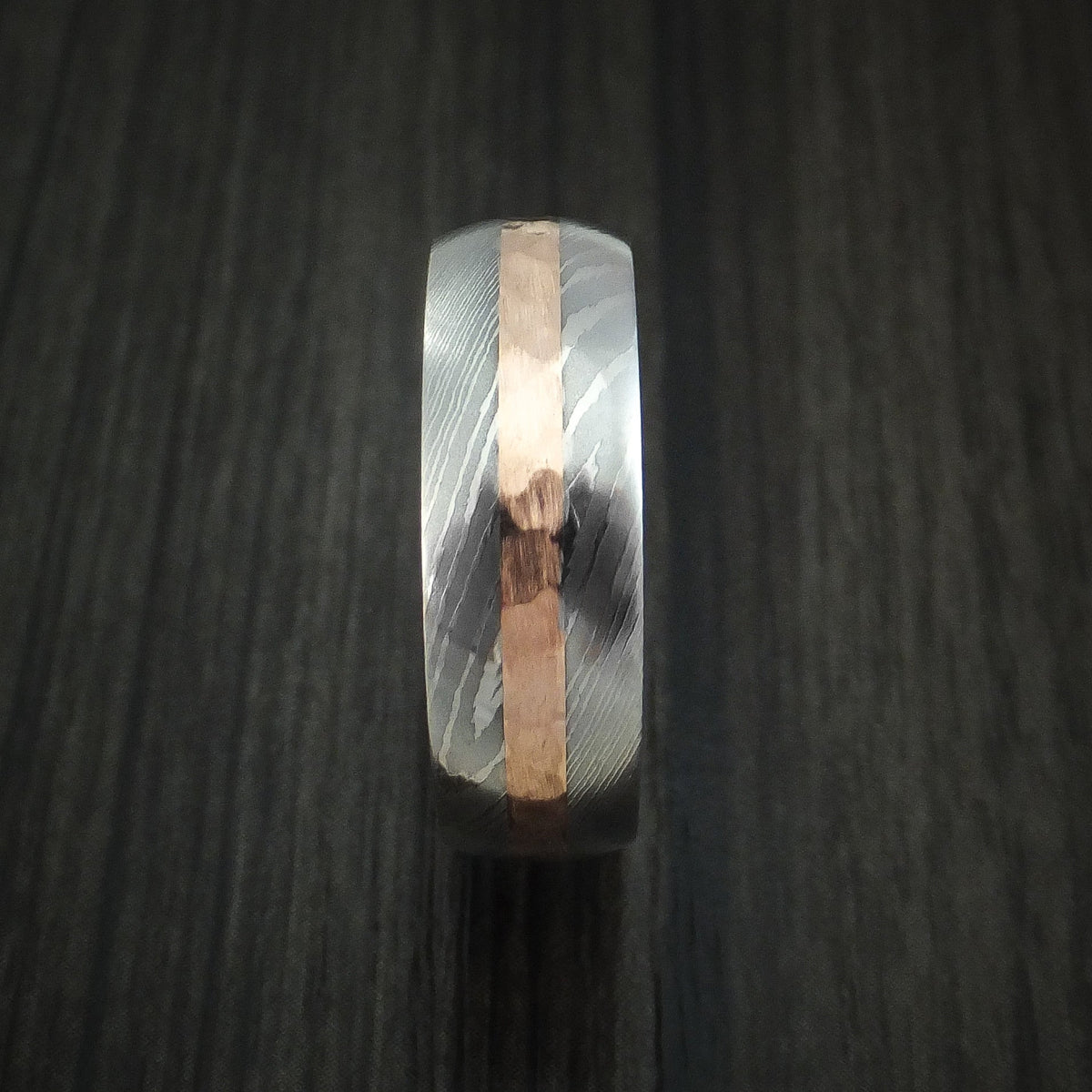 Baron XI - Damascus Steel Men's Wedding Ring with Hammered 14k Rose Gold and Bocote Wood Sleeve - view 3 - Nura Lab