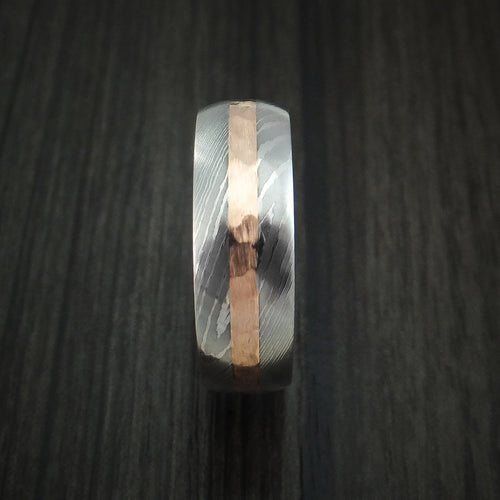 Baron XI - Damascus Steel Men's Wedding Ring with Hammered 14k Rose Gold and Bocote Wood Sleeve - view 3 - Nura Lab