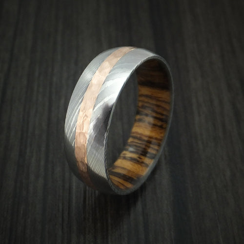 Baron XI - Damascus Steel Men's Wedding Ring with Hammered 14k Rose Gold and Bocote Wood Sleeve - view 4 - Nura Lab