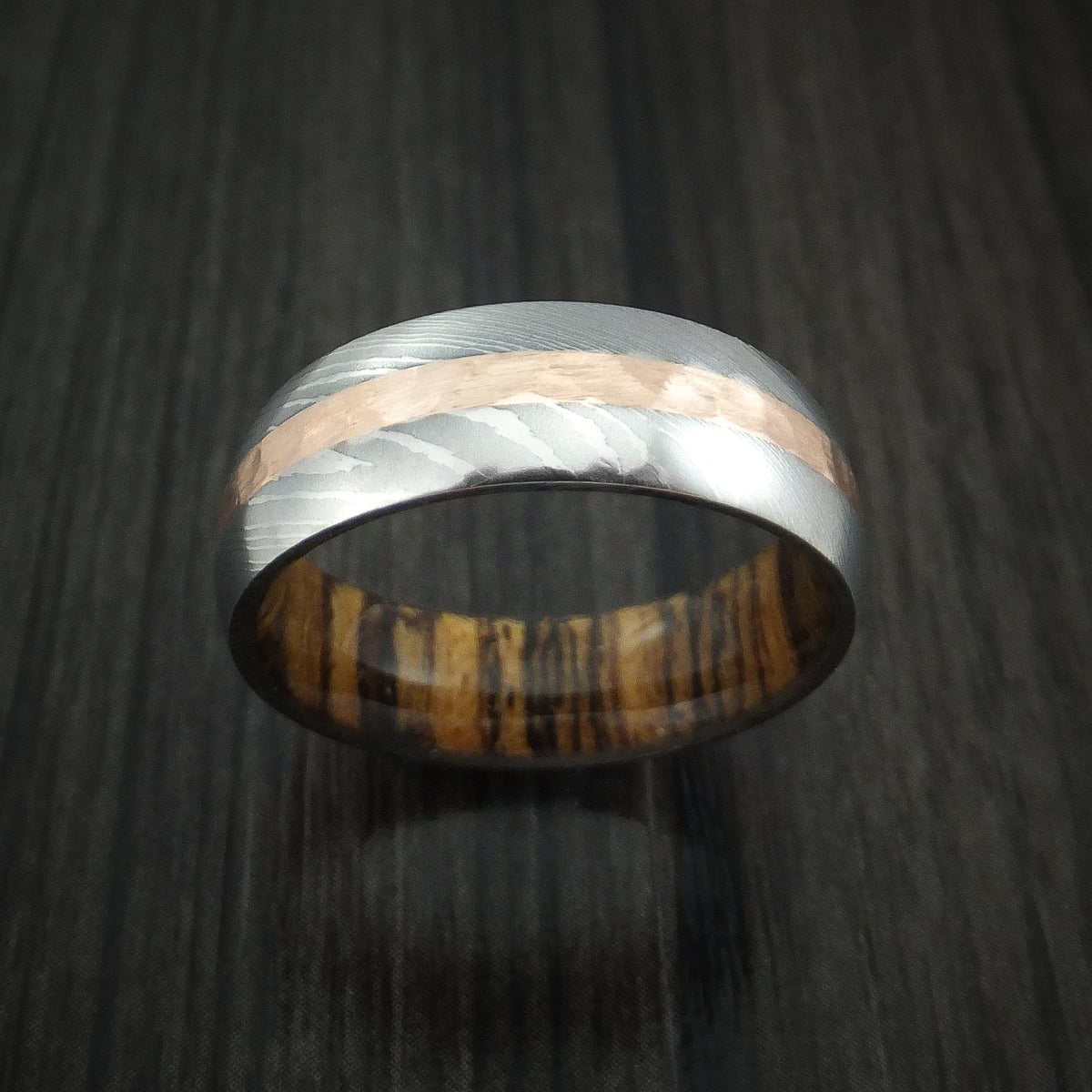 Baron XI - Damascus Steel Men's Wedding Ring with Hammered 14k Rose Gold and Bocote Wood Sleeve - view 2 - Nura Lab