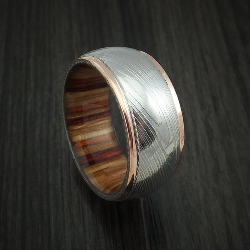 Alpine XII - Damascus Steel and 14K Rose Gold Band with Hazelnut Hardwood Sleeve Men's Wedding Ring - Nura Lab
