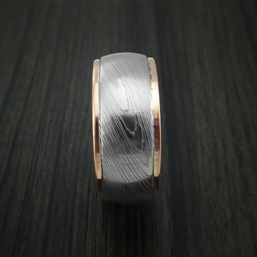 Alpine XII - Damascus Steel and 14K Rose Gold Band with Hazelnut Hardwood Sleeve Men's Wedding Ring - view 3 - Nura Lab