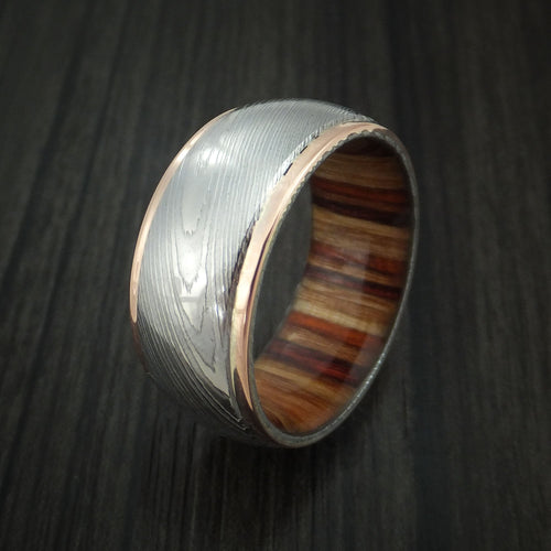 Alpine XII - Damascus Steel and 14K Rose Gold Band with Hazelnut Hardwood Sleeve Men's Wedding Ring - view 4 - Nura Lab