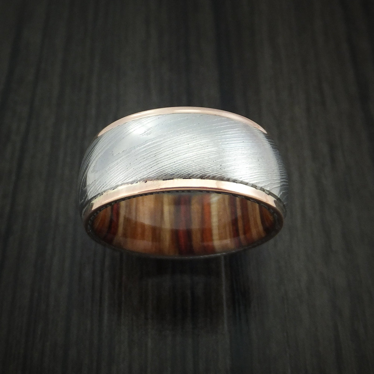 Alpine XII - Damascus Steel and 14K Rose Gold Band with Hazelnut Hardwood Sleeve Men's Wedding Ring - view 2 - Nura Lab