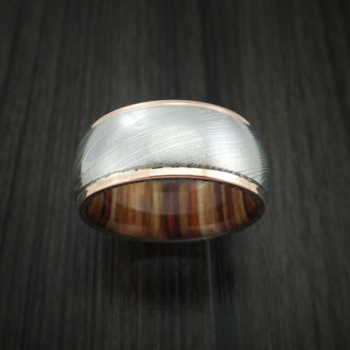 Alpine XII - Damascus Steel and 14K Rose Gold Band with Hazelnut Hardwood Sleeve Men's Wedding Ring - view 2 - Nura Lab