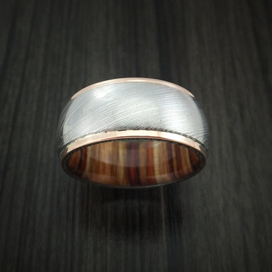 Alpine XII - Damascus Steel and 14K Rose Gold Band with Hazelnut Hardwood Sleeve Men's Wedding Ring - view 2 - Nura Lab