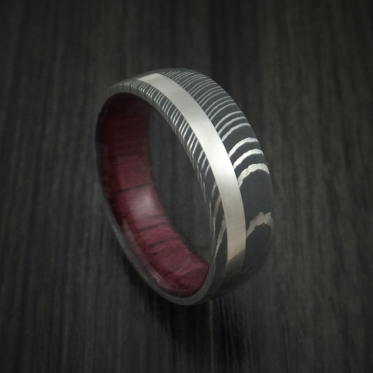 Achilles X - Damascus Steel Men's Wedding Ring with Platinum and Purple Heart Wood Sleeve - Nura Lab