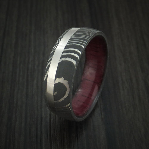 Achilles X - Damascus Steel Men's Wedding Ring with Platinum and Purple Heart Wood Sleeve - view 4 - Nura Lab