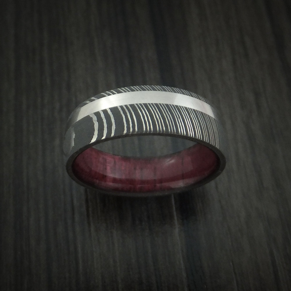 Achilles X - Damascus Steel Men's Wedding Ring with Platinum and Purple Heart Wood Sleeve - view 2 - Nura Lab