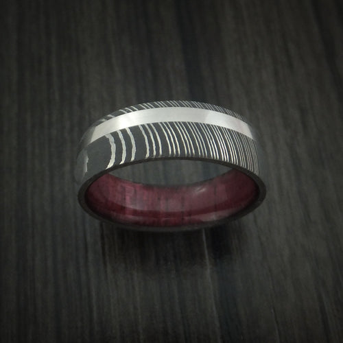 Achilles X - Damascus Steel Men's Wedding Ring with Platinum and Purple Heart Wood Sleeve - view 2 - Nura Lab