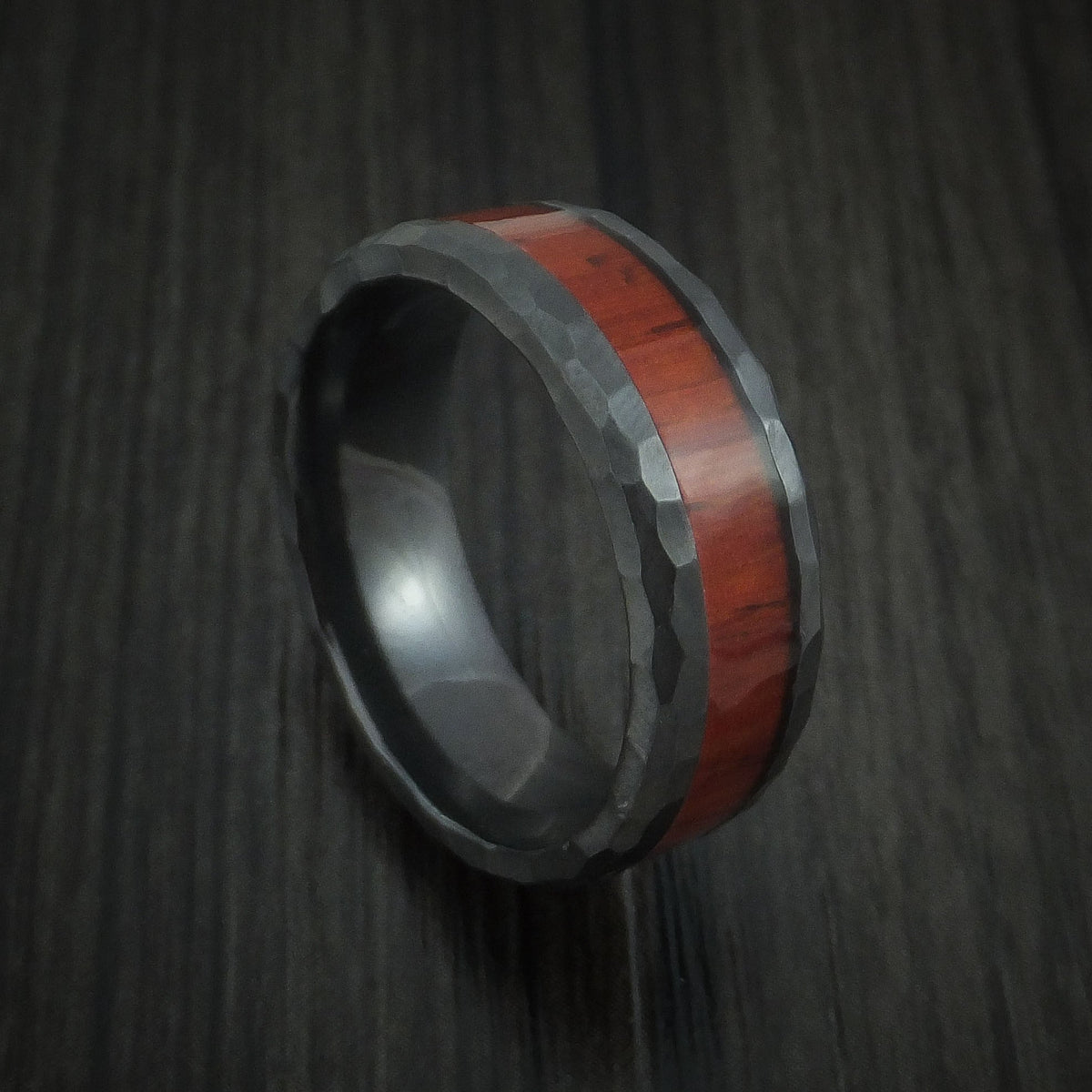 Orion XII - Black Zirconium Rock Hammered Padauk Hard Wood Men's Wedding Ring Band - Nura Lab